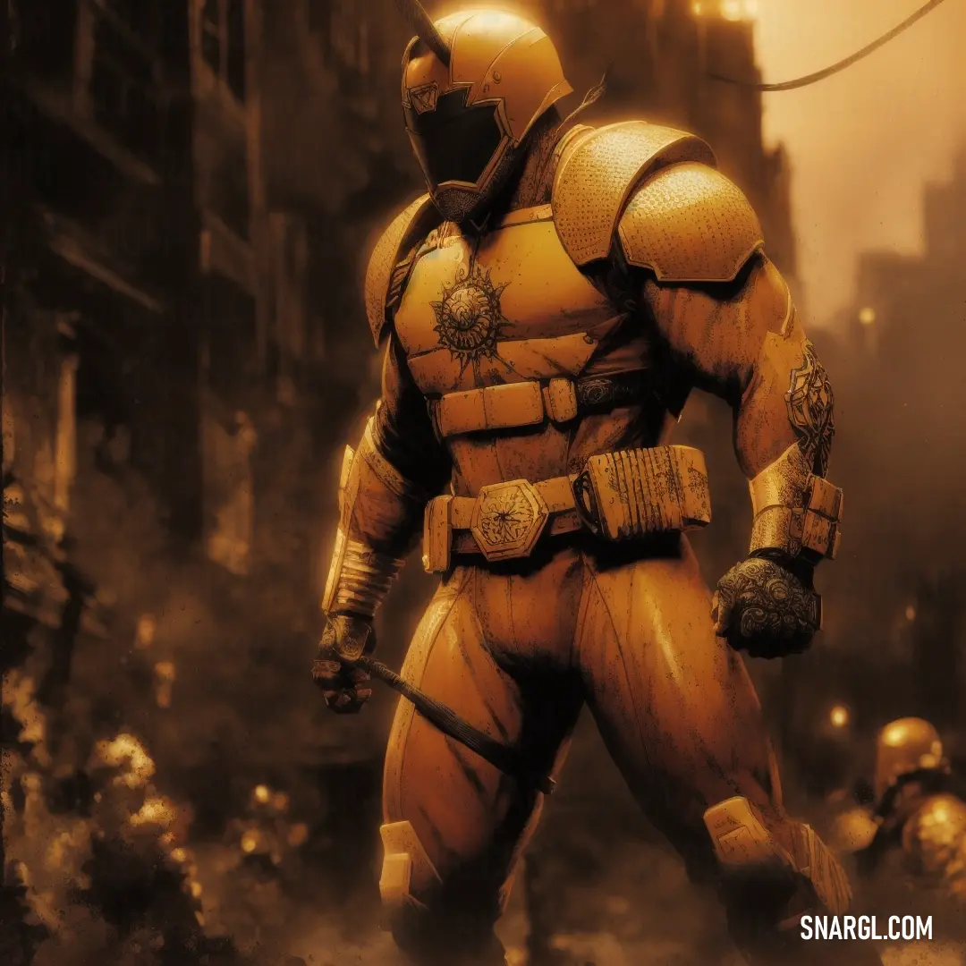 Man in a yellow suit standing in a city street with a gun in his hand and a helmet on