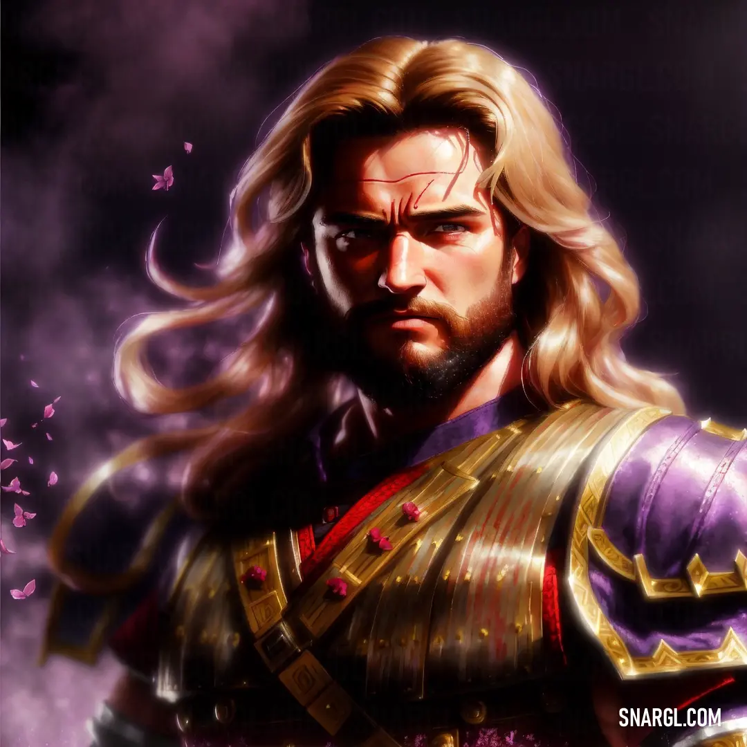 Man with long hair and a beard wearing a purple outfit and gold armor with a butterfly in the background