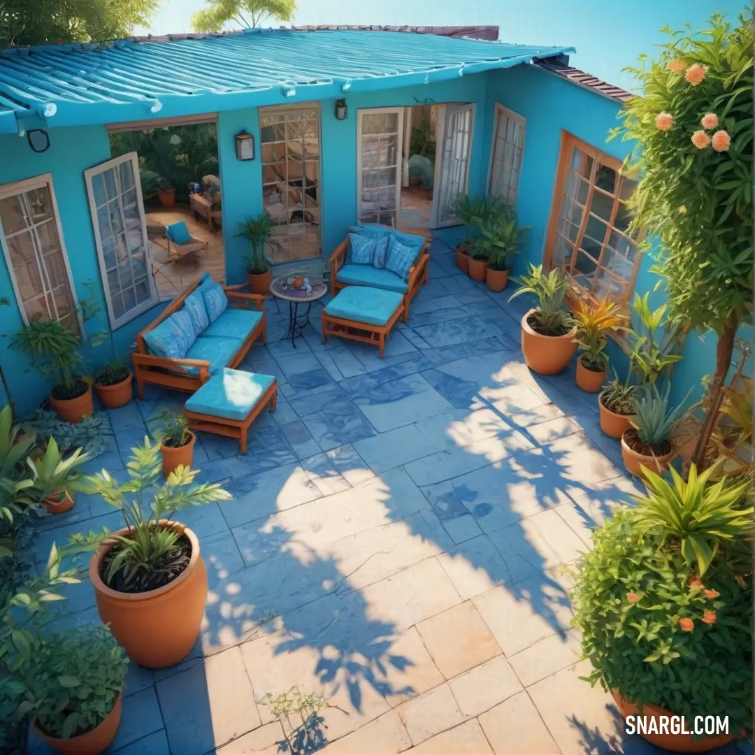 Patio with a table and chairs and potted plants on the side of it. Color CMYK 0,38,72,28.