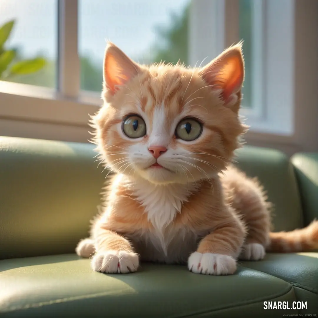 Small orange kitten on a green couch looking at the camera with a curious look on its face