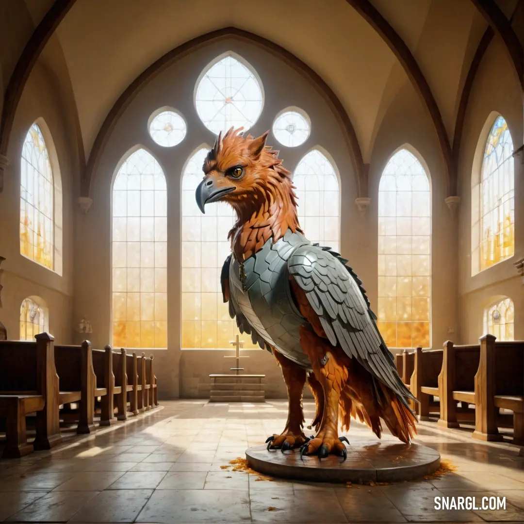 Statue of a bird in a church with stained glass windows behind it and a stone floor in front of it. Color Copper.