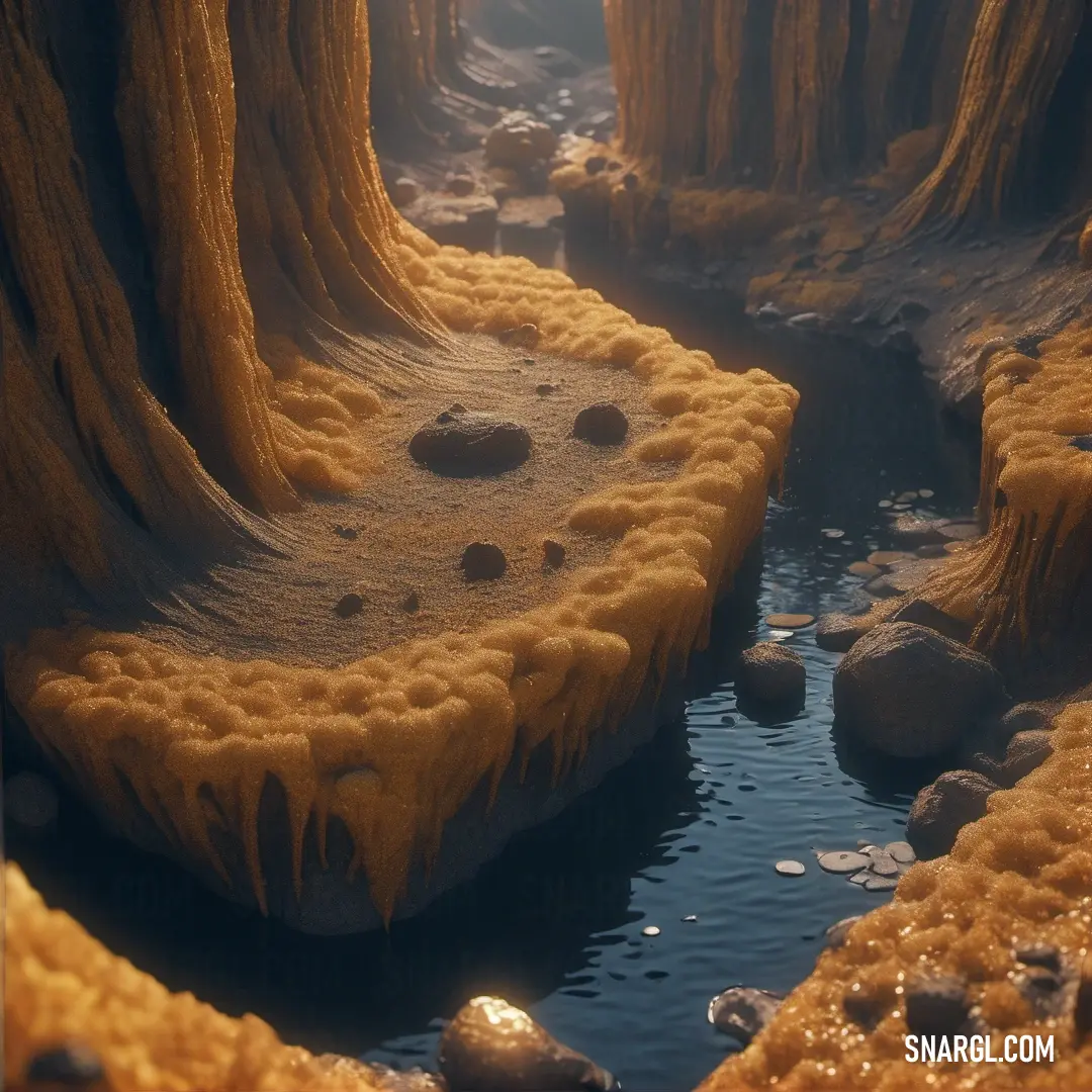 Copper color. Stream running through a canyon with ice on the rocks and water flowing between the rocks