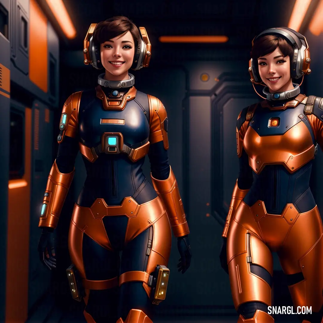 Two women in futuristic suits standing in a hallway together