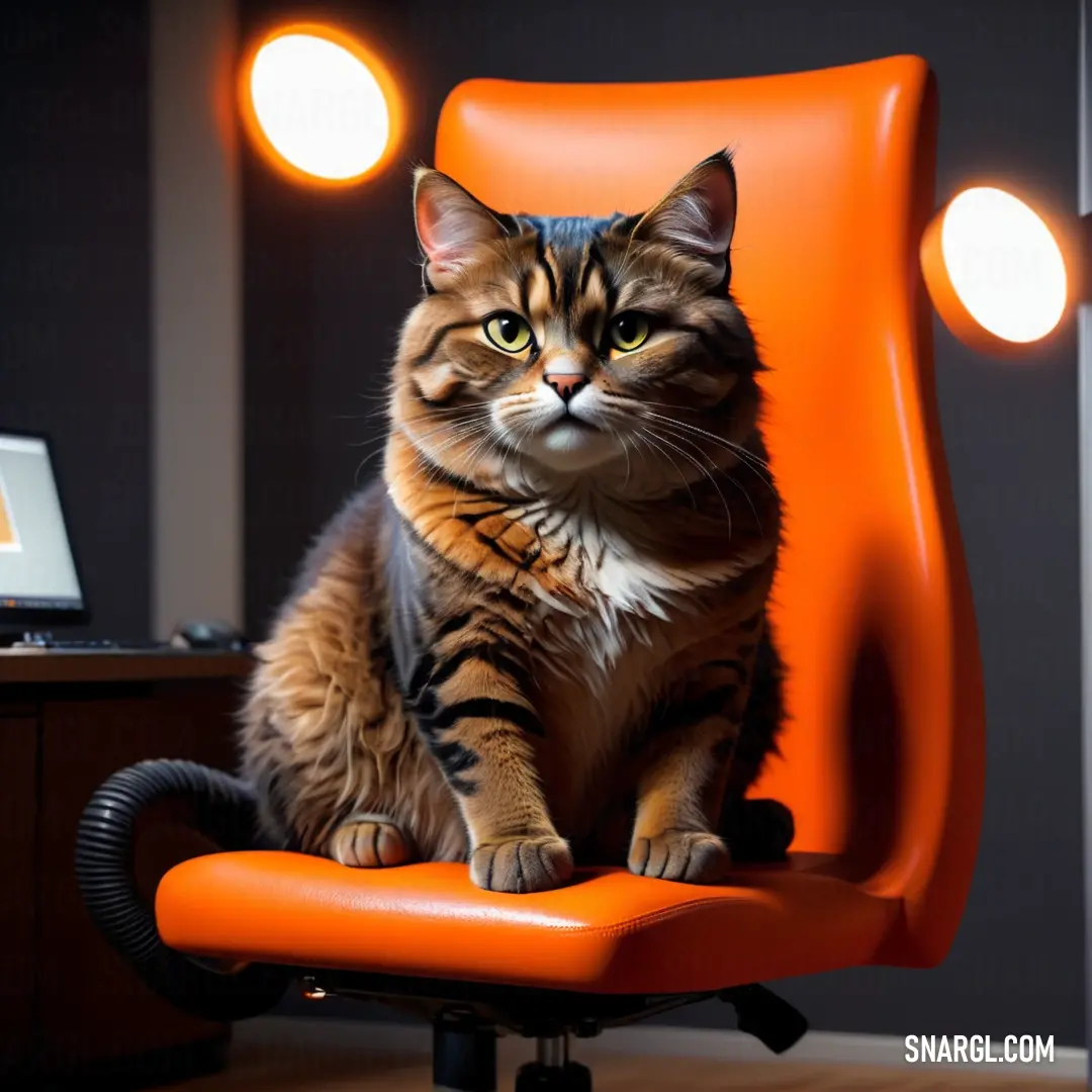 Cat on an orange office chair in a room with a laptop computer on the desk and a lamp on the wall. Example of CMYK 0,78,100,0 color.