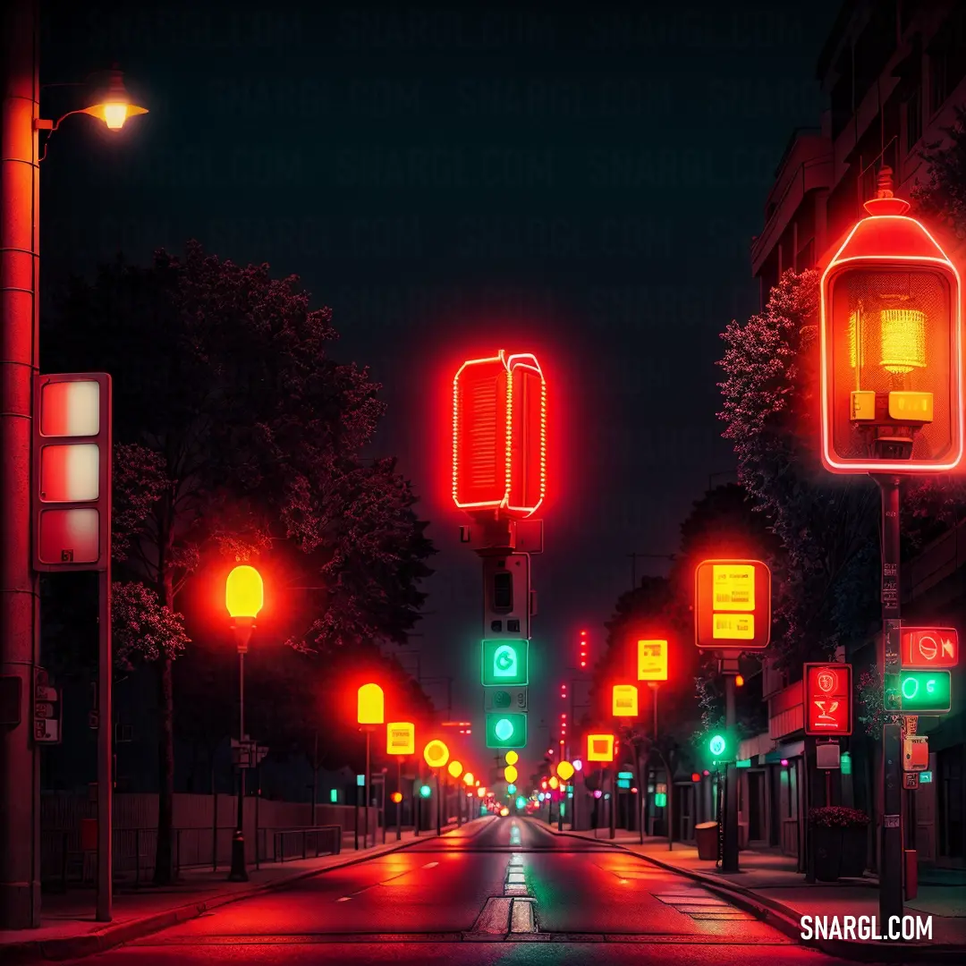 Coquelicot color example: City street with a lot of traffic lights on it at night time with a dark sky in the background
