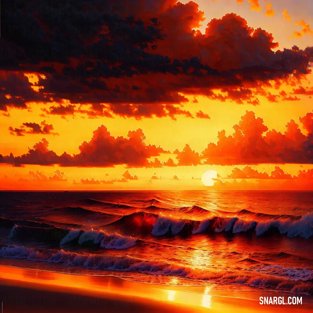 Painting of a sunset over the ocean with waves crashing on the shore. Example of #FF3800 color.