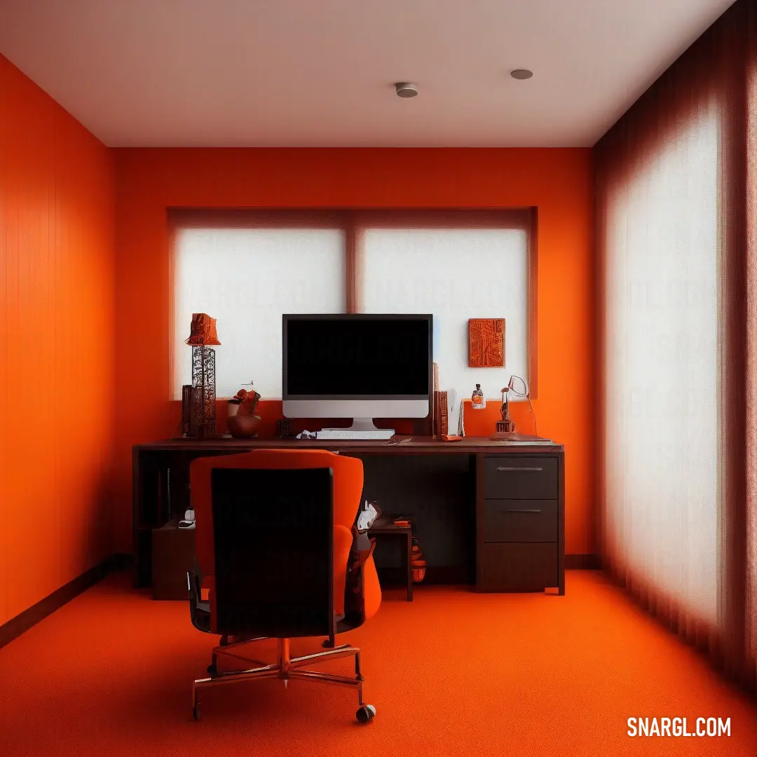 Coquelicot color example: Room with a desk and a chair and a television on a stand and a window with blinds on it
