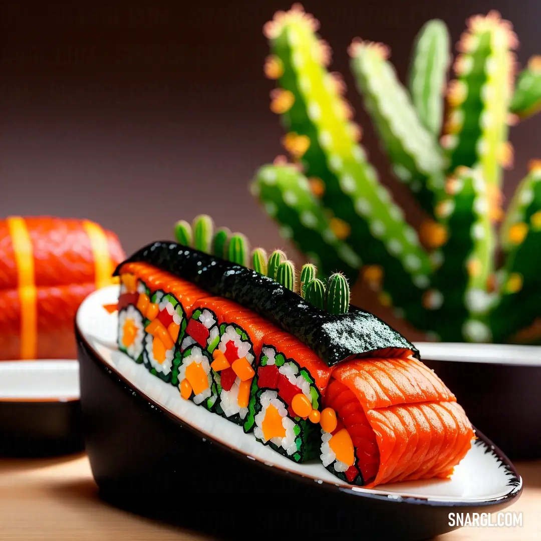Sushi dish with sushi on a plate next to a cactus plant on a table. Example of #FF3800 color.