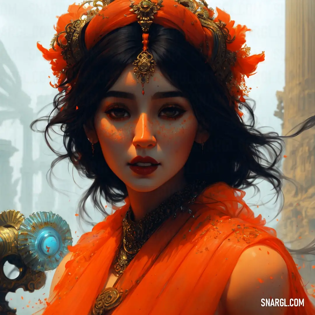 Coquelicot color example: Woman in an orange dress with a head piece and a necklace on her head