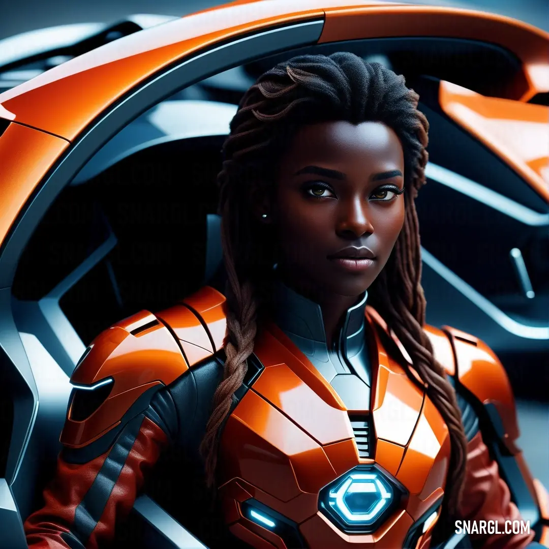 Woman in a futuristic suit standing next to a car with a futuristic helmet on her head and a sci - fi eye. Example of RGB 255,56,0 color.