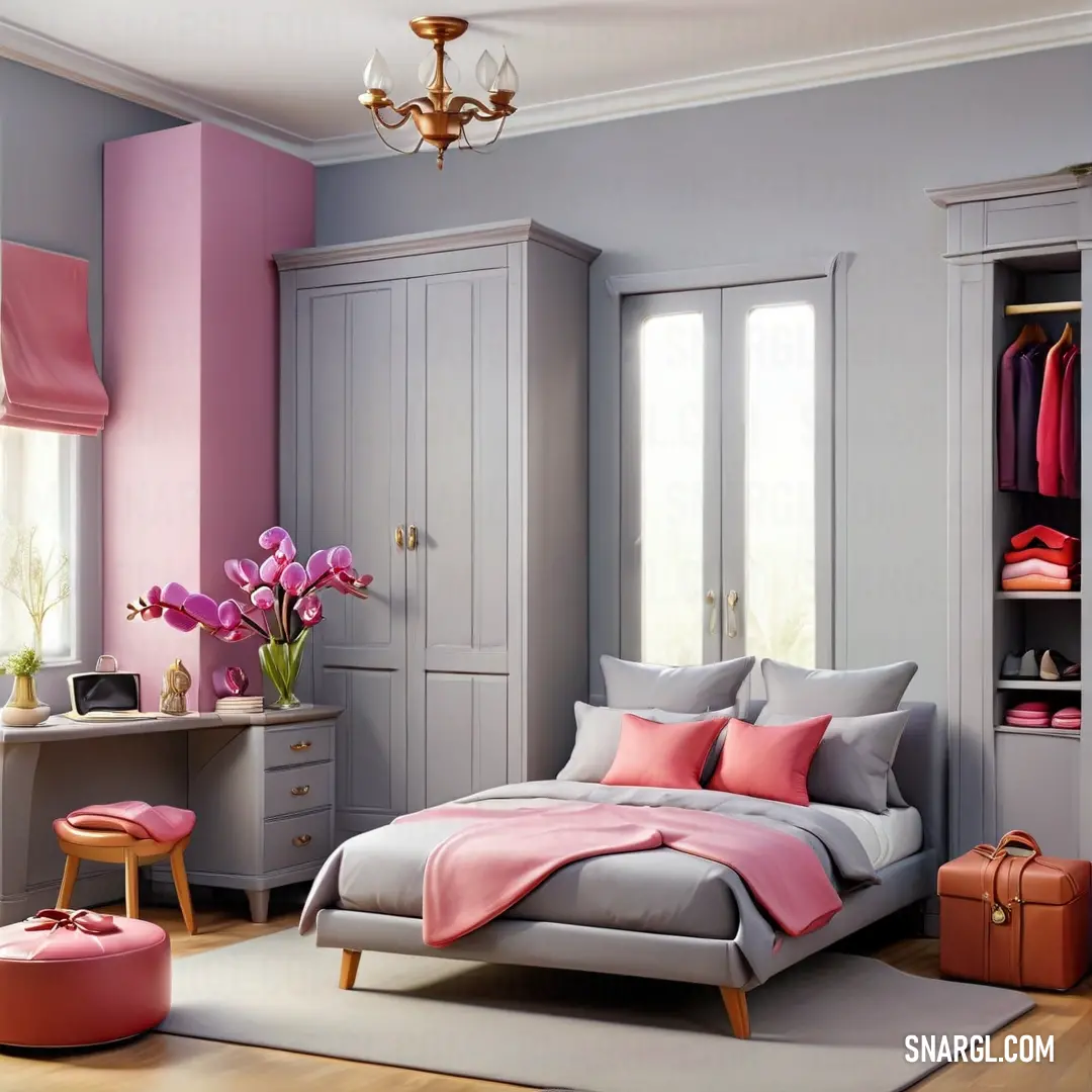 Bedroom with a bed, dresser and a pink chair in it and a pink rug on the floor. Example of CMYK 0,47,51,3 color.