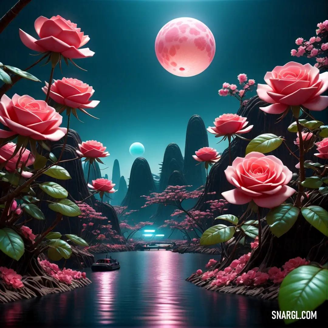Painting of a river with pink flowers and a full moon in the background. Example of #F88379 color.