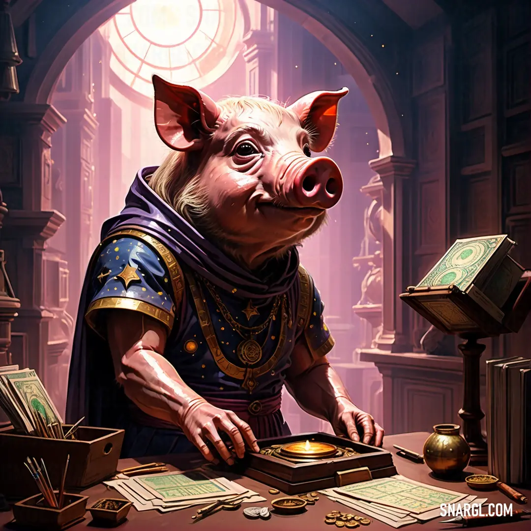Pig dressed in a costume at a table with a clock and other items on it. Example of Coral pink color.