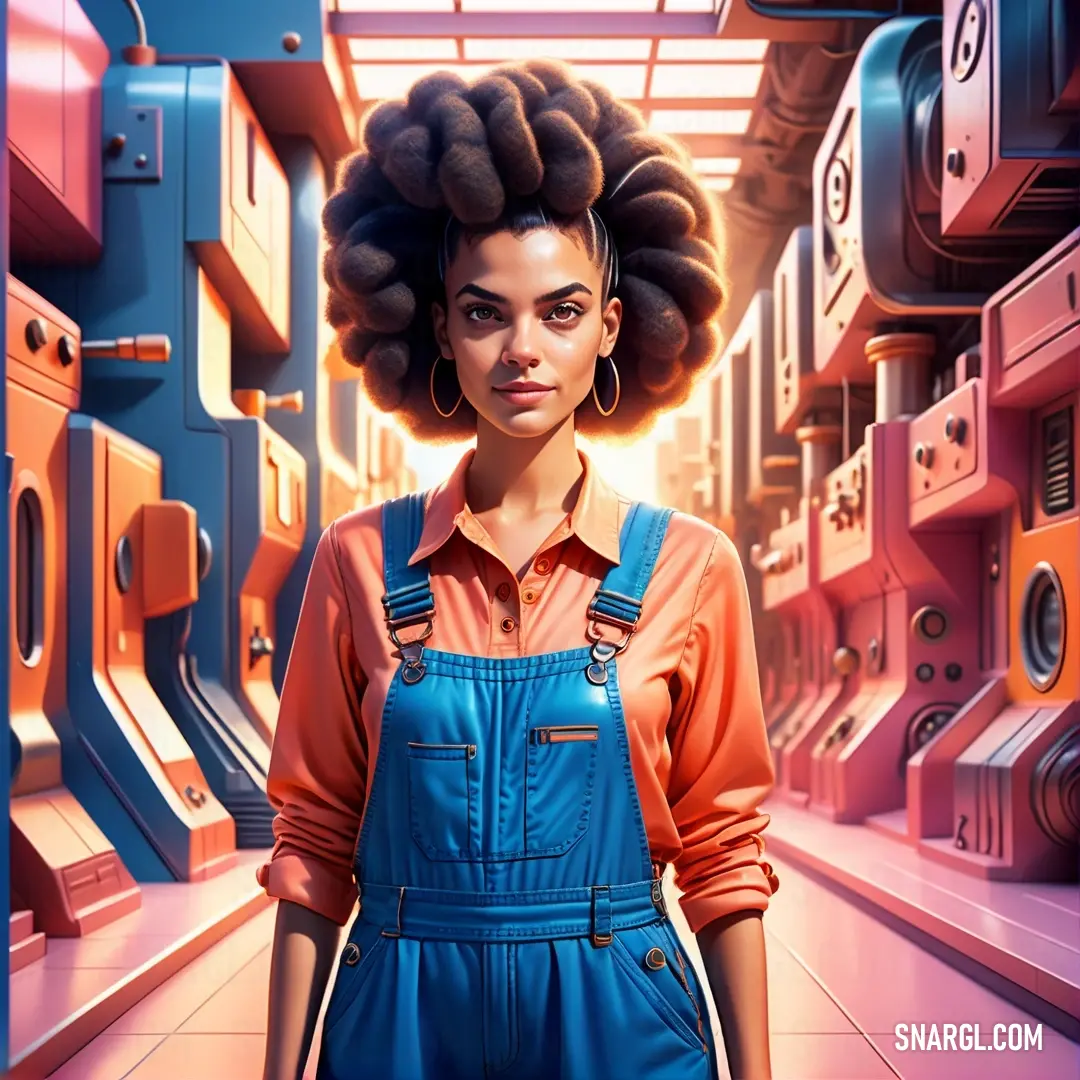 Woman with a afro standing in a room with a bunch of appliances on the walls. Example of #F88379 color.