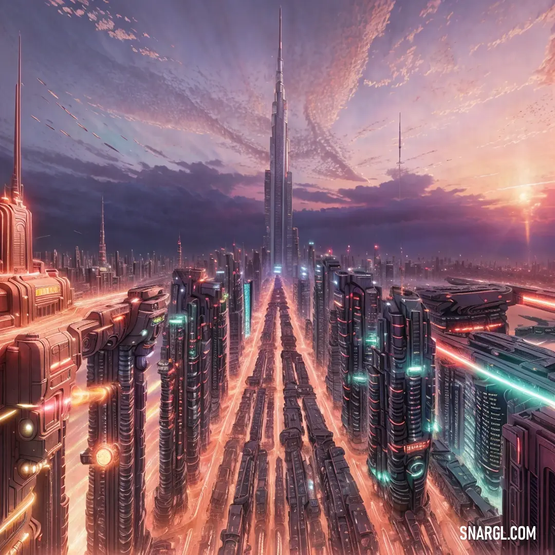 Futuristic city with a futuristic skyscraper and a lot of traffic on the street at night time
