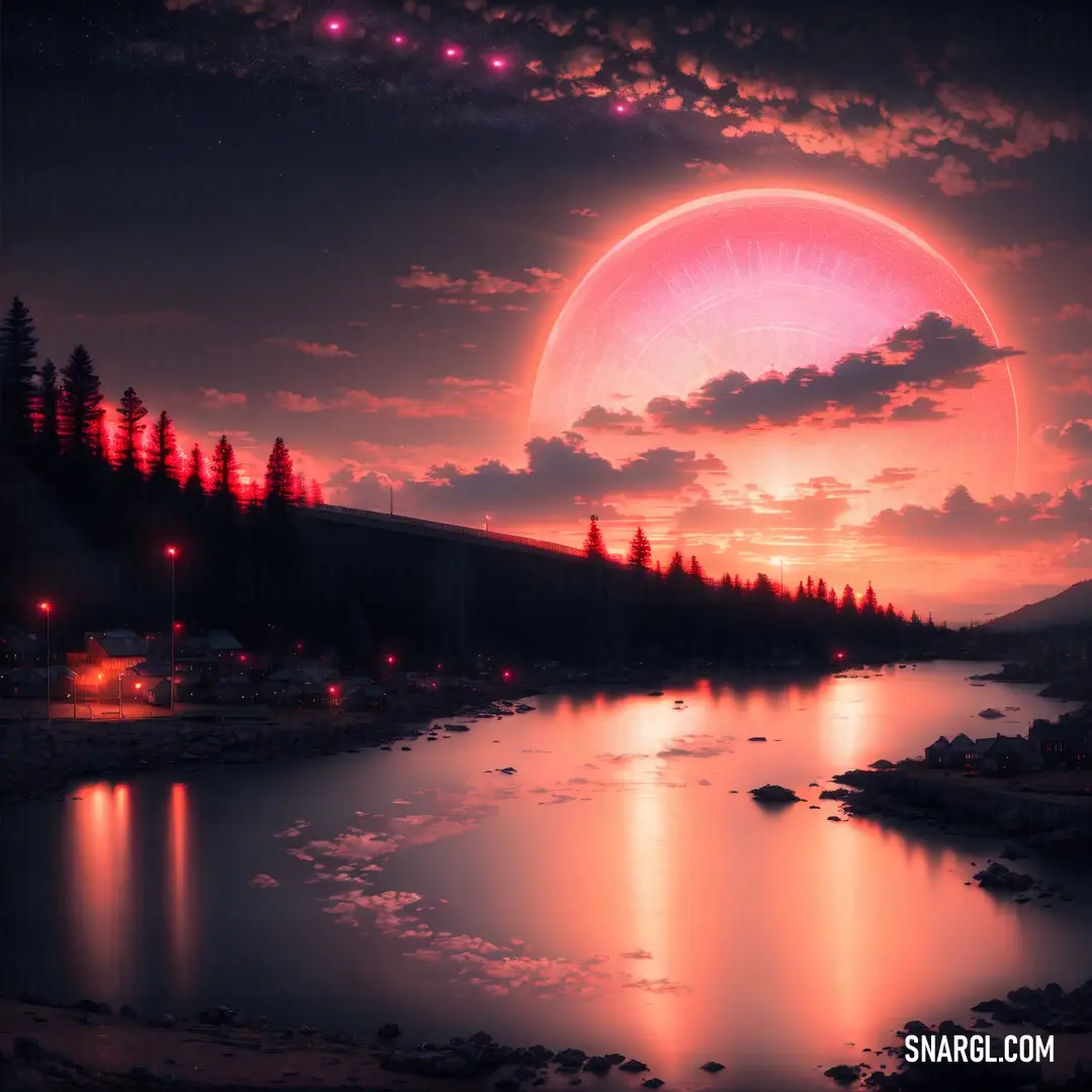 Painting of a sunset over a lake with a red moon in the sky above it and a forest on the other side