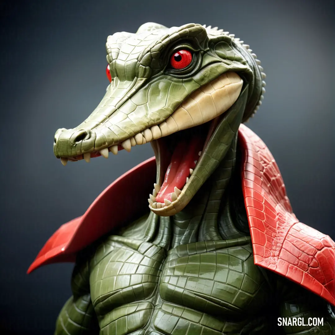 Toy dinosaur with a red collar and a red eye and a red cape on its head and mouth. Color #FF4040.