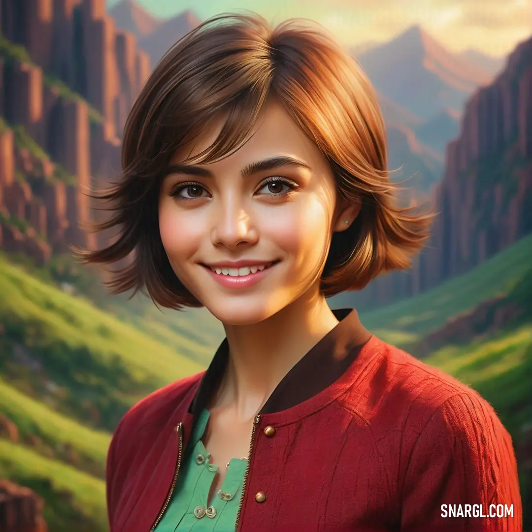Painting of a woman with a red jacket and a mountain in the background. Example of #FF4040 color.