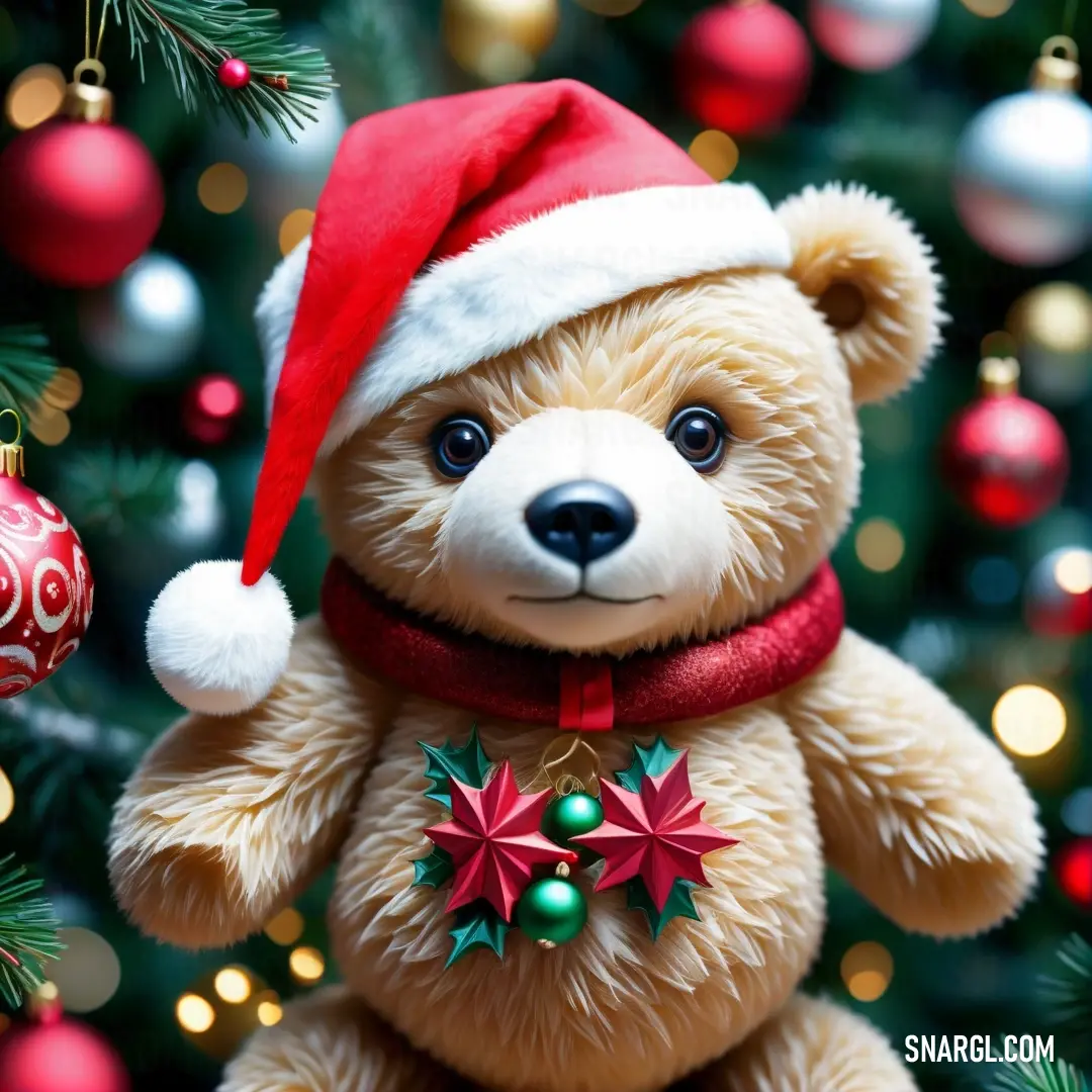 Teddy bear wearing a santa hat and scarf with ornaments around it and a christmas tree in the background. Example of Coral red color.