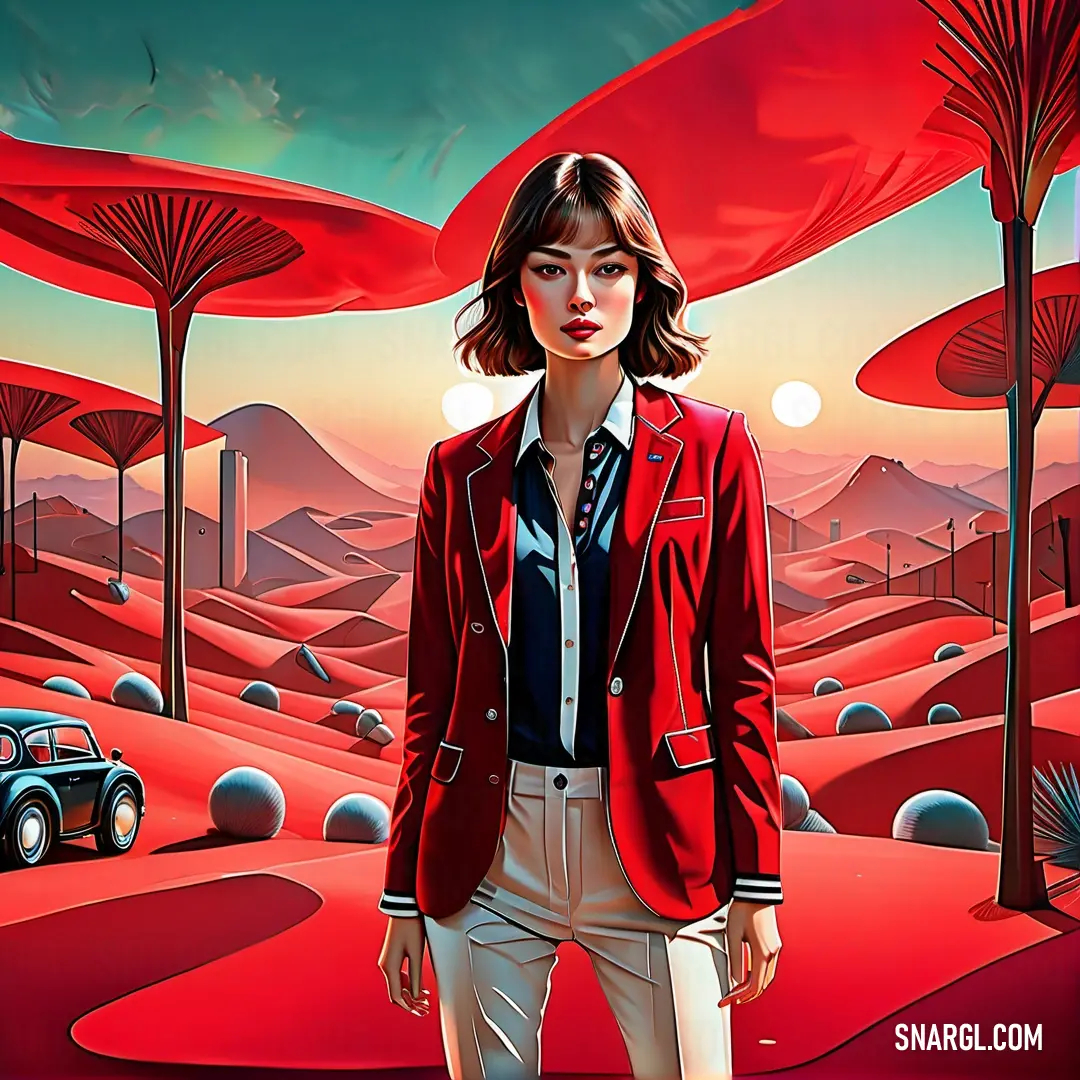Woman standing in front of a painting of a red landscape with a car and trees in the background. Color Coral red.