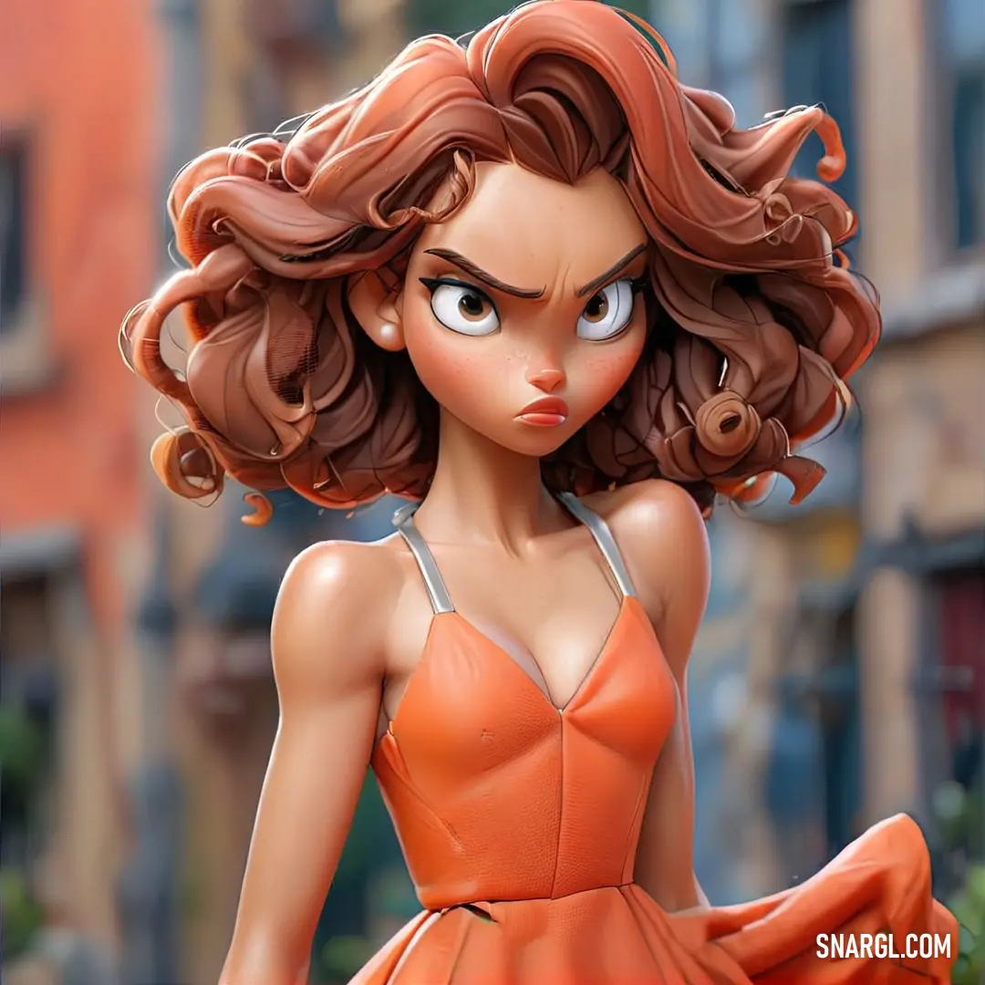 Cartoon girl with brown hair and a dress on a city street with buildings in the background. Example of #FF7F50 color.