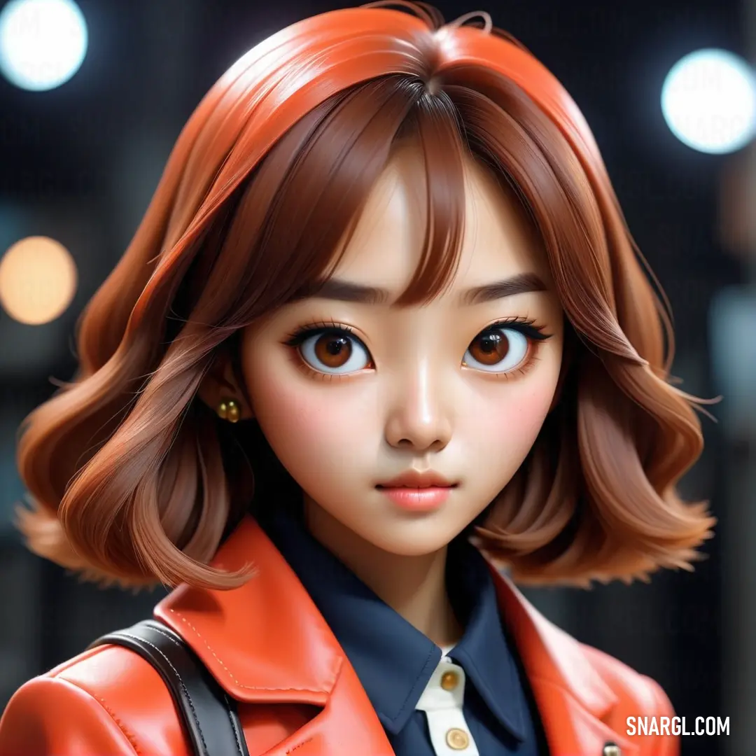 Close up of a doll wearing a red jacket and a black shirt and a white shirt and a black. Color Coral.