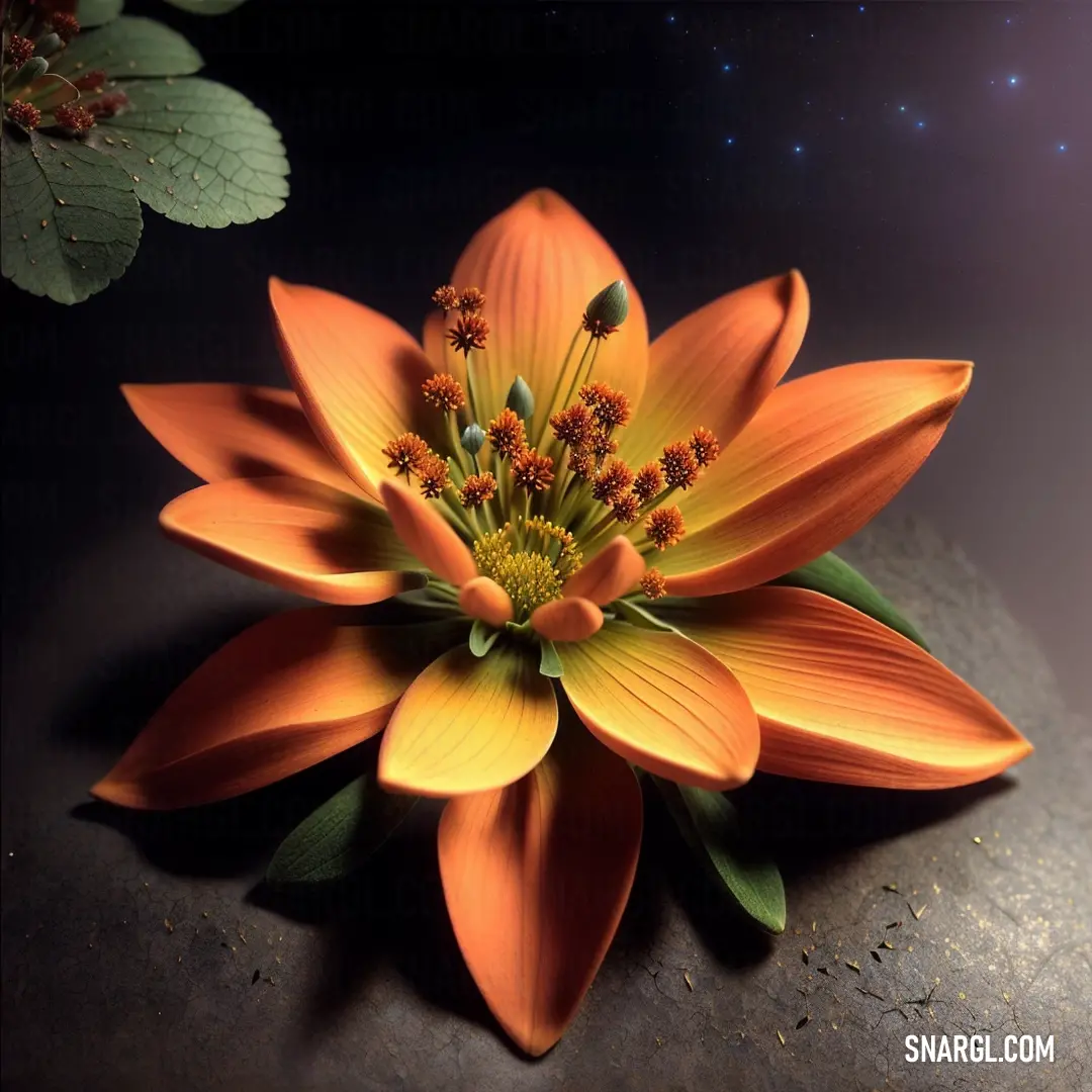 Close up of a flower on a rock with leaves around it and a star in the background with a light shining on the ground
