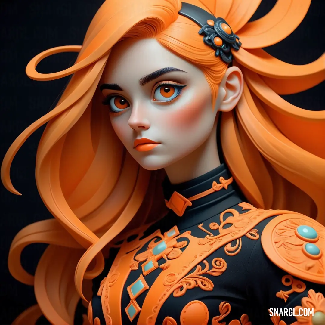 Close up of a doll with orange hair and blue eyes and a black dress with orange accents. Color RGB 255,127,80.