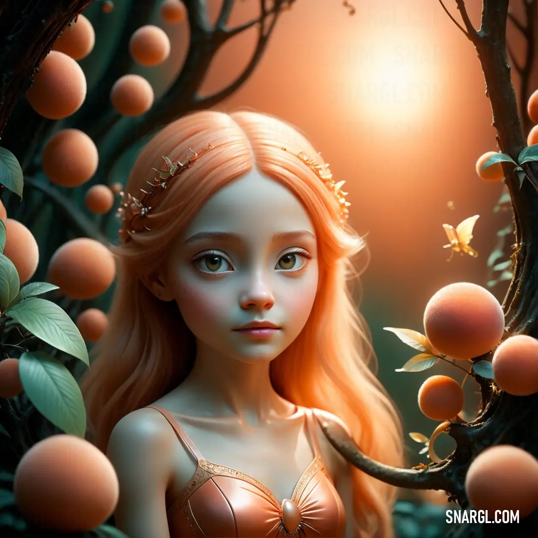 Girl with long red hair standing in a peach orchard with butterflies and butterflies around her head. Example of RGB 255,127,80 color.