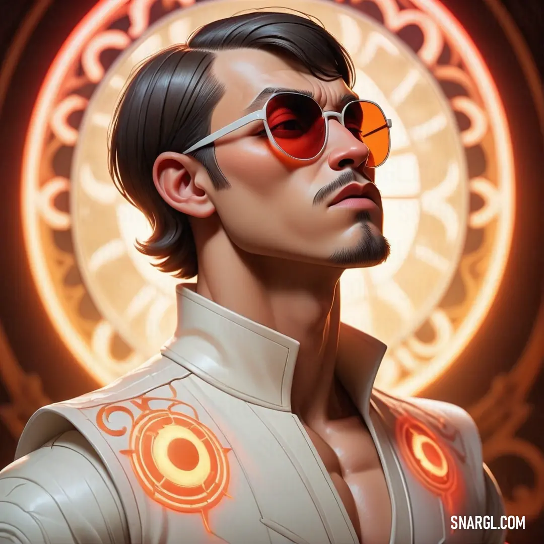 Man with sunglasses and a futuristic suit on, in front of a circular background. Color #FF7F50.