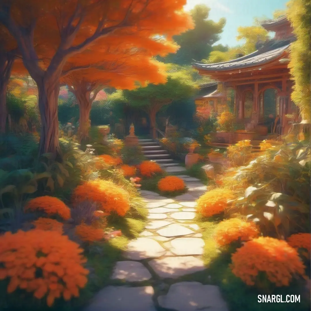 Painting of a garden with a path leading to a pagoda and trees with orange flowers on it and a stone walkway. Color #FF7F50.