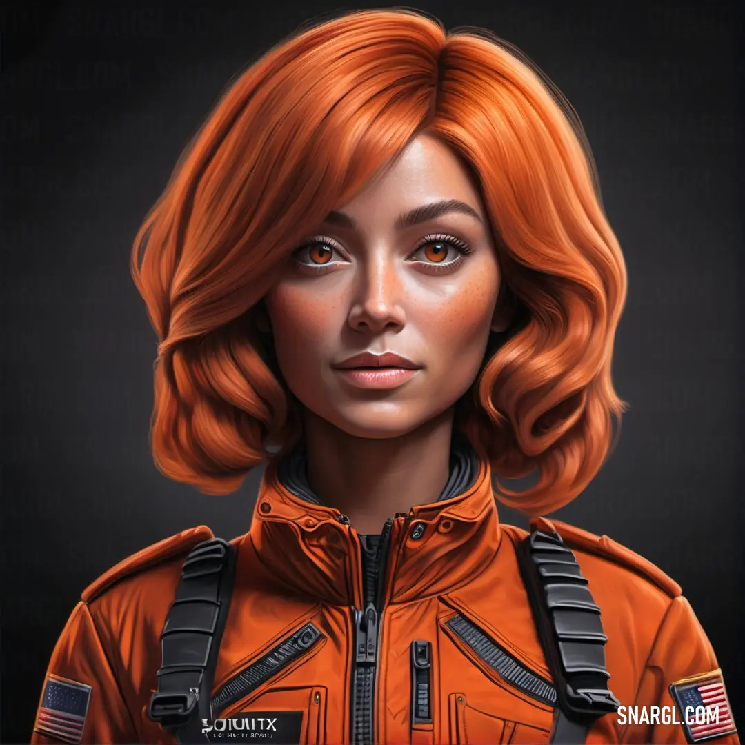 Coral color. Woman with red hair and a space suit on, with a black background