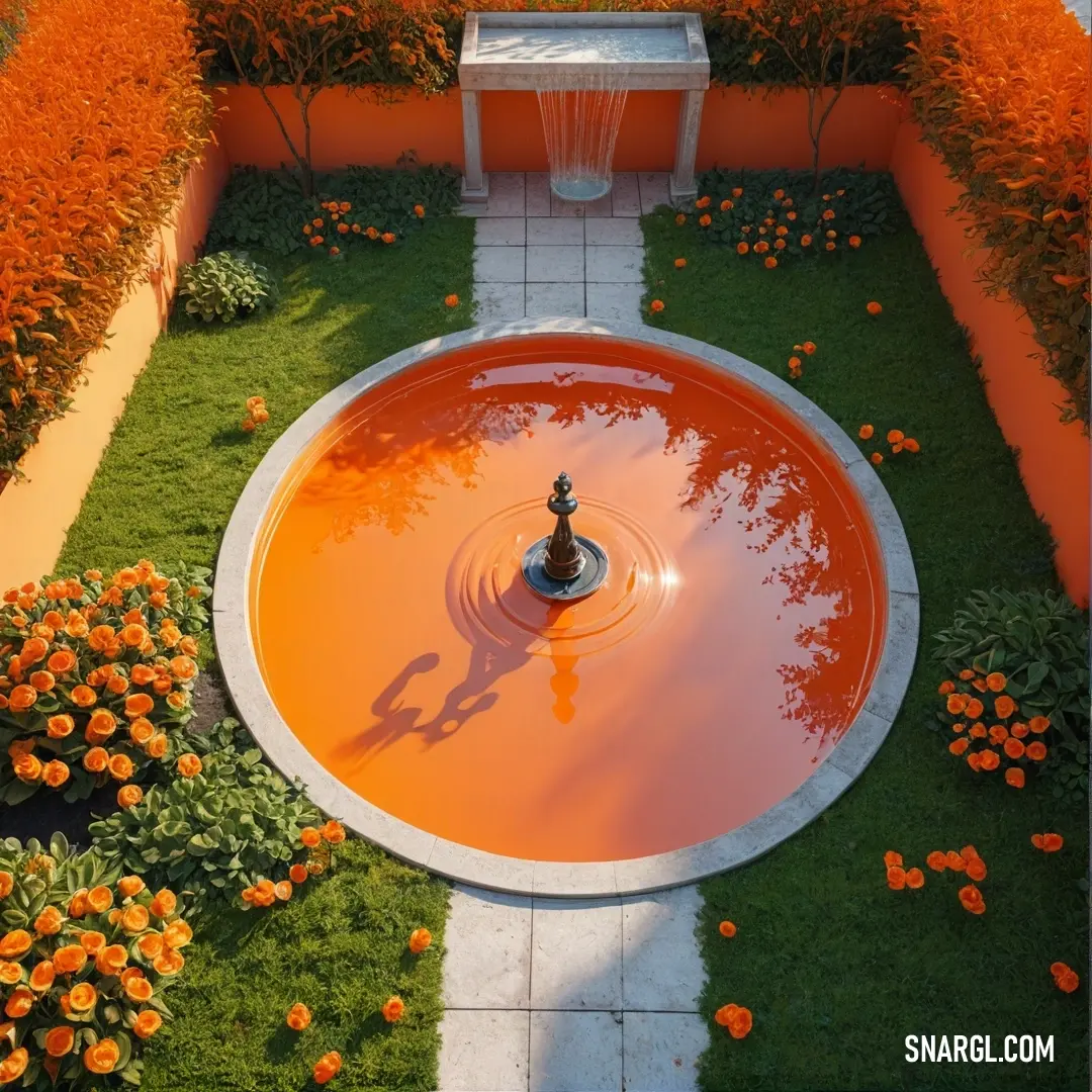 Fountain in a garden with orange flowers around it and a bench in the background. Color #FF7F50.