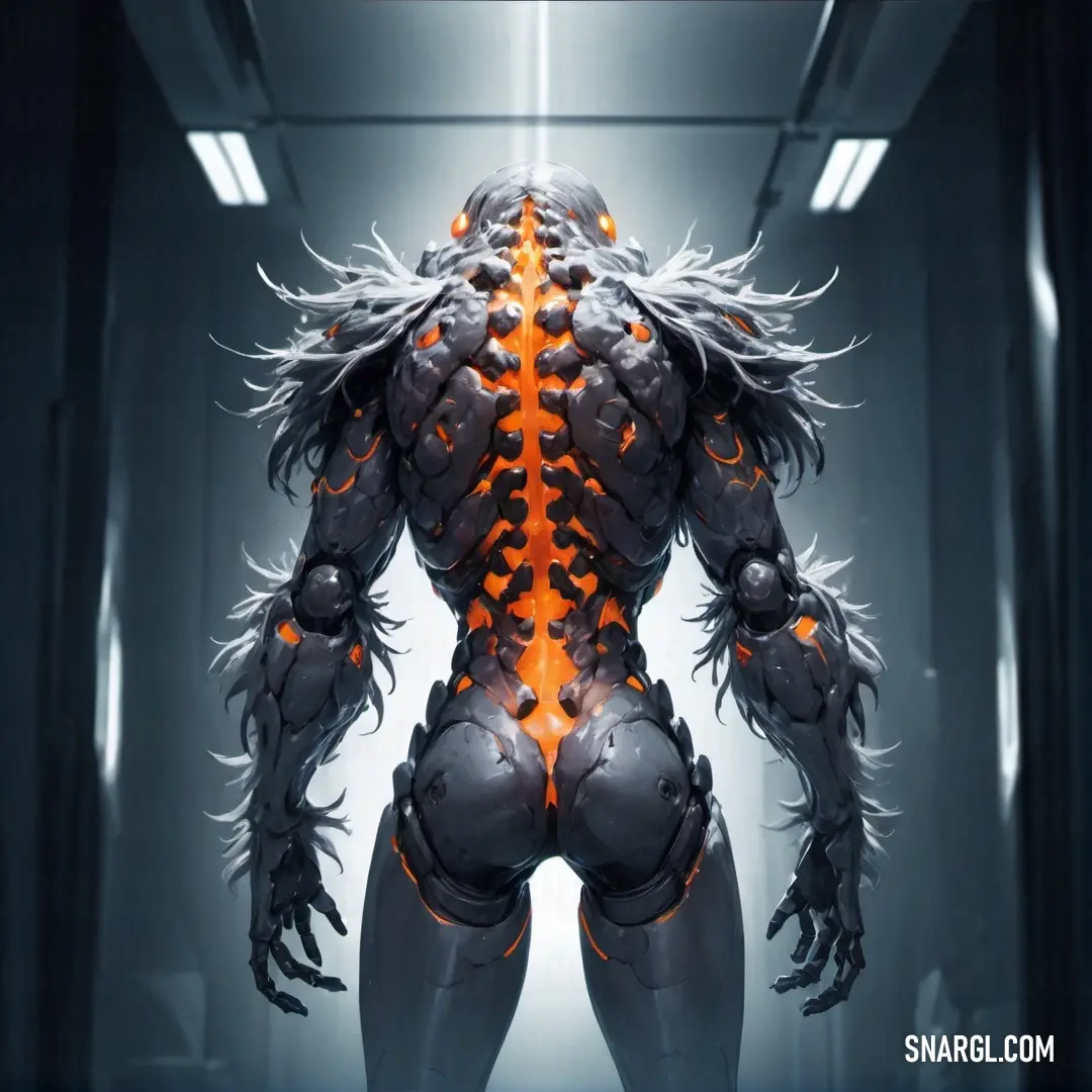 Futuristic creature with a glowing back and orange backlight in a dark room with a light coming through the window