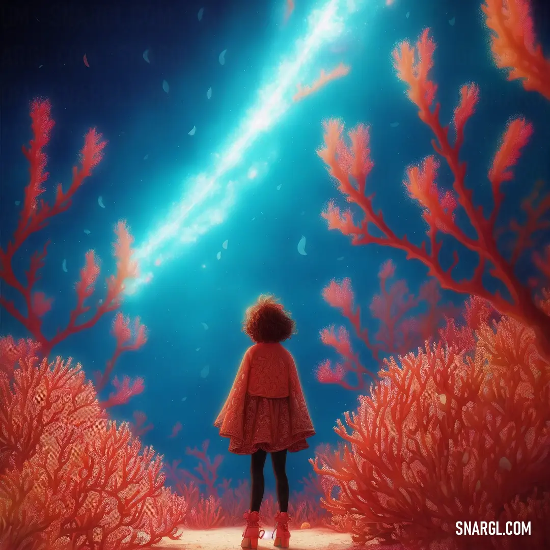Girl standing in a coral reef looking at the sun through the water's bubbles and corals