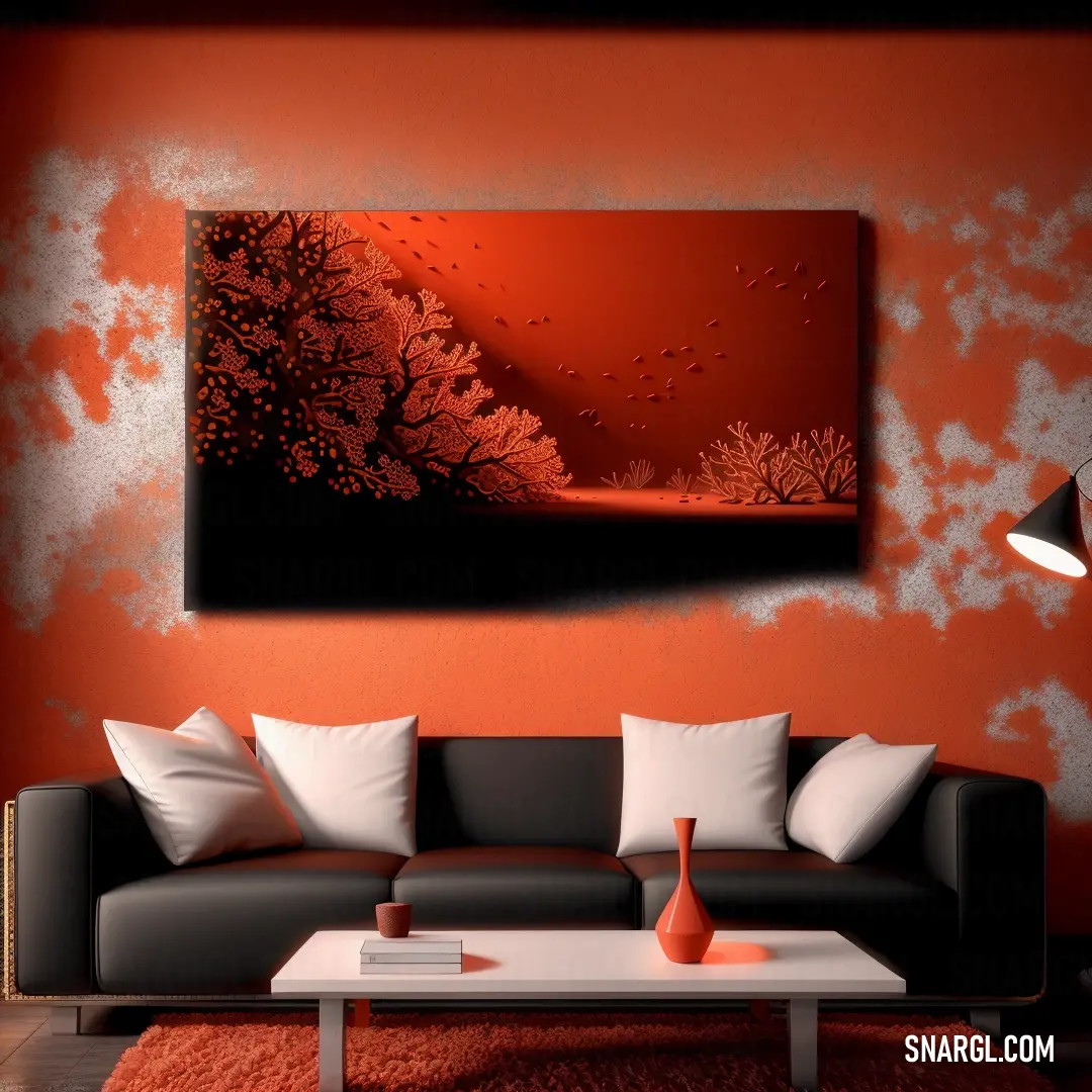 Living room with a couch and a painting on the wall above it that has a red background