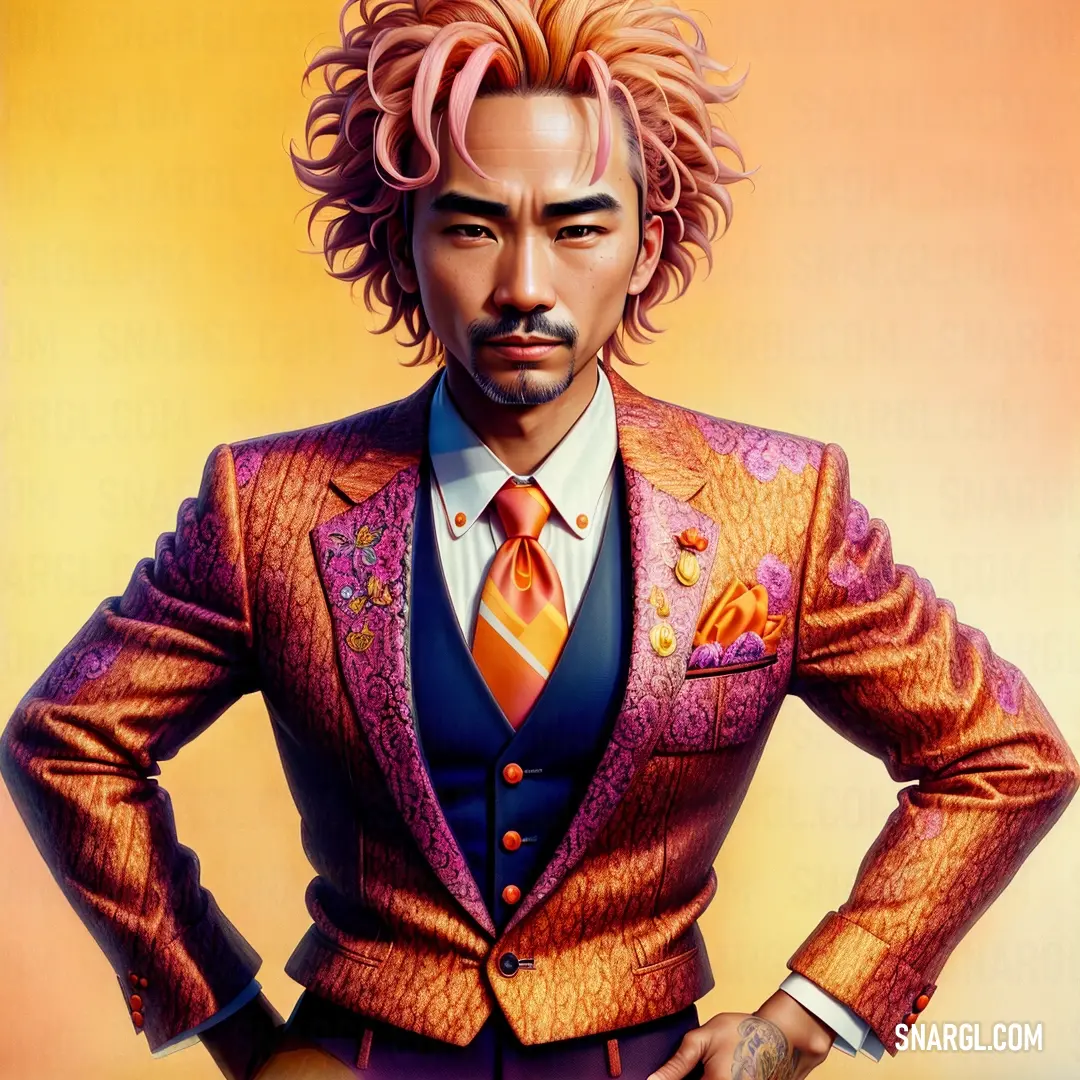 Man with a pink hair and a suit on and a tie on and a yellow background. Color RGB 255,127,80.