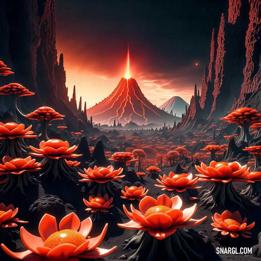 Painting of a mountain with a lot of flowers in the foreground. Color #FF7F50.