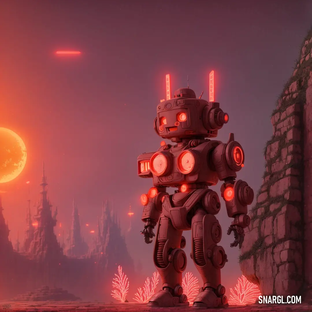 Robot standing in front of a castle with a full moon in the background and a red light shining on the ground