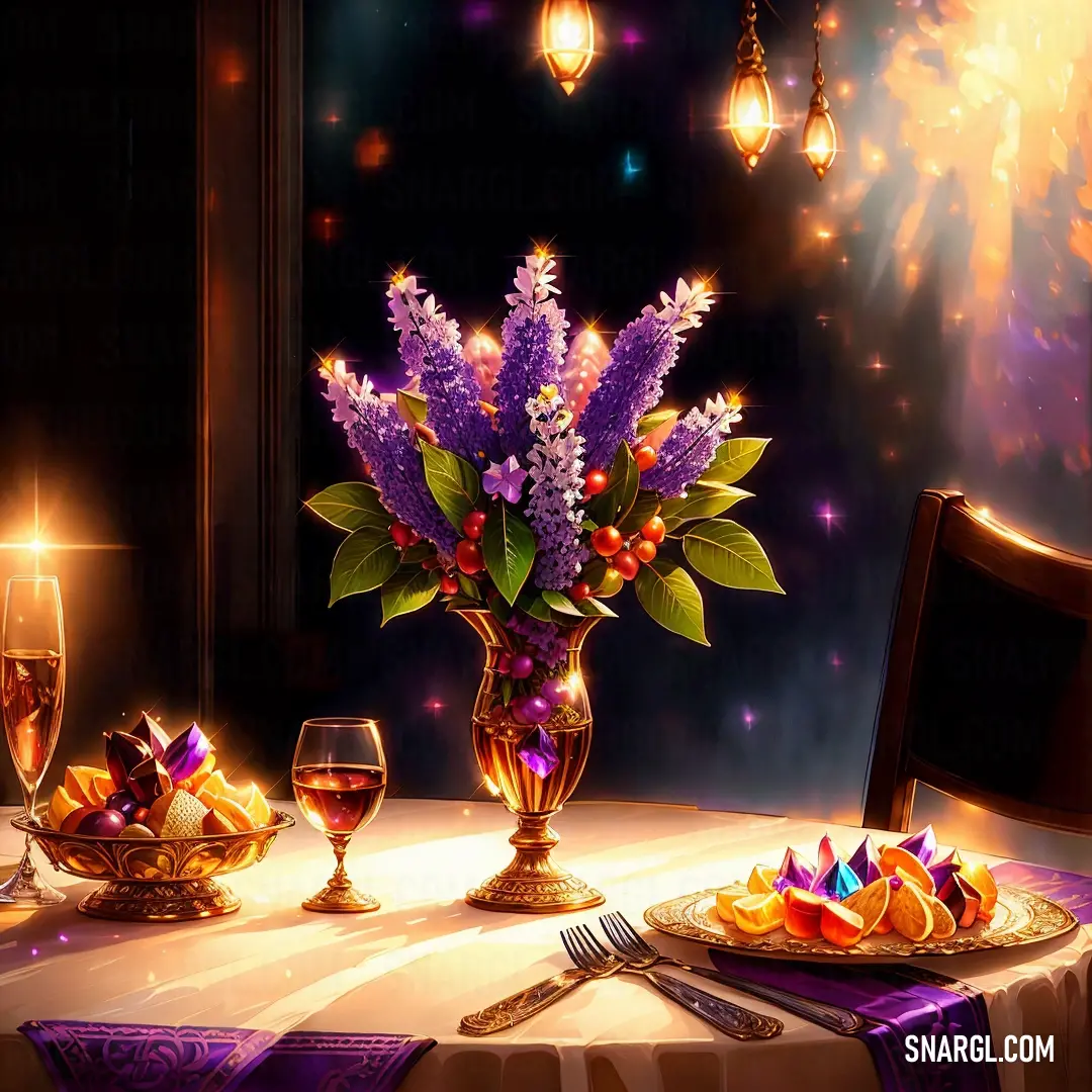 Table with a vase of flowers and a plate of fruit on it with candles in the background and a picture of a window
