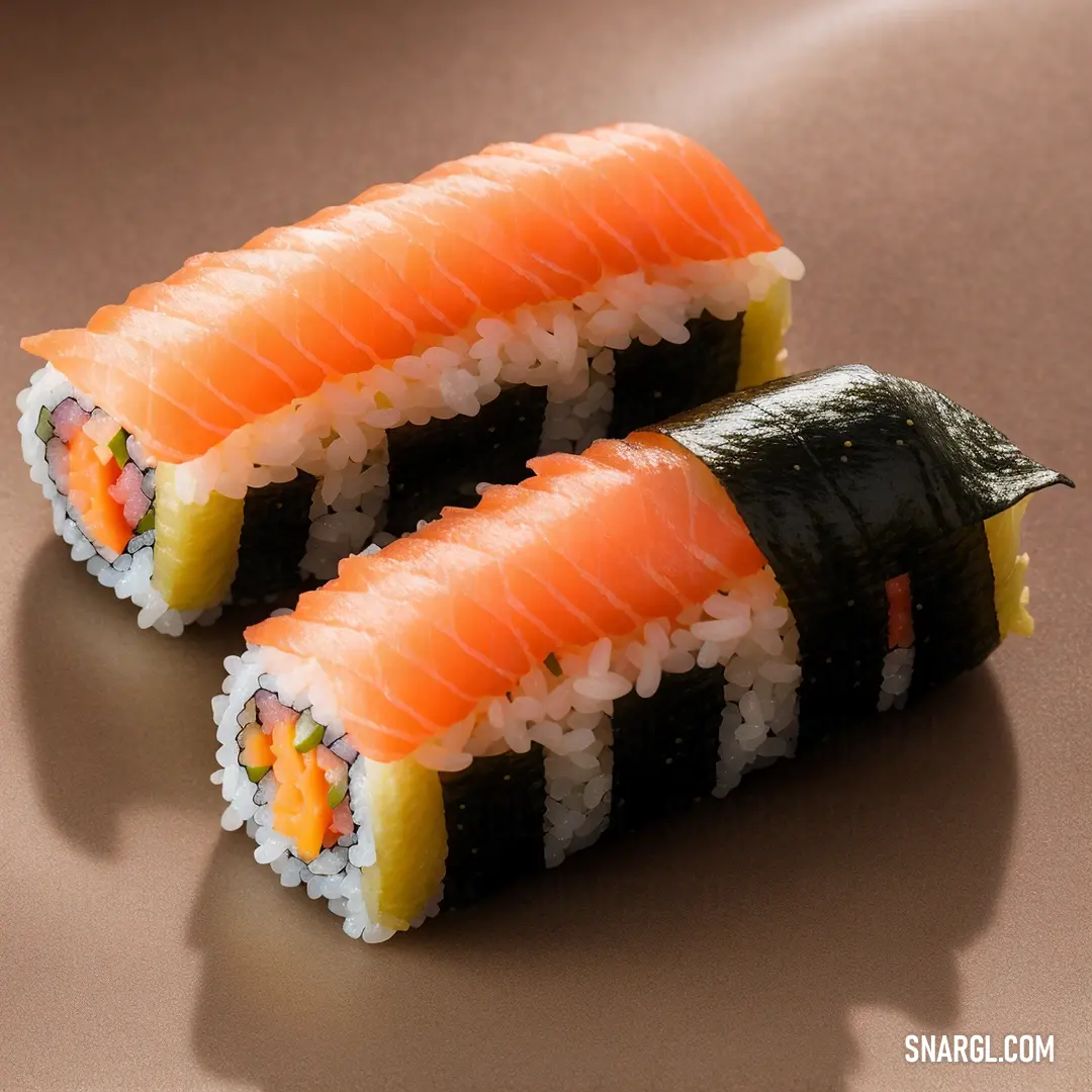 Two sushi rolls with different types of sushi on them on a brown surface with a shadow of a person. Color #FF7F50.