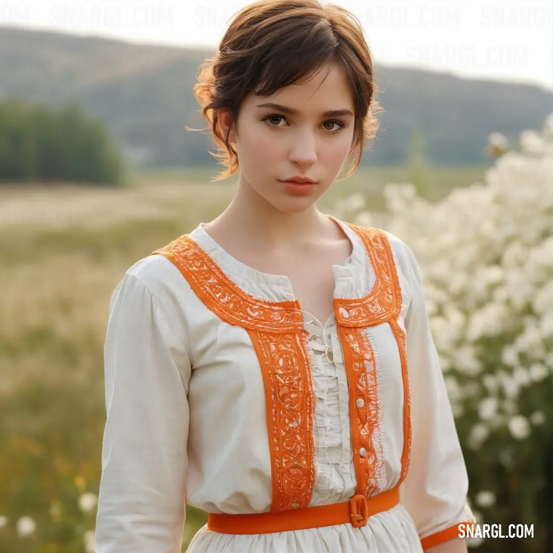 Woman in a white dress standing in a field of flowers with a orange belt around her waist and a mountain in the background