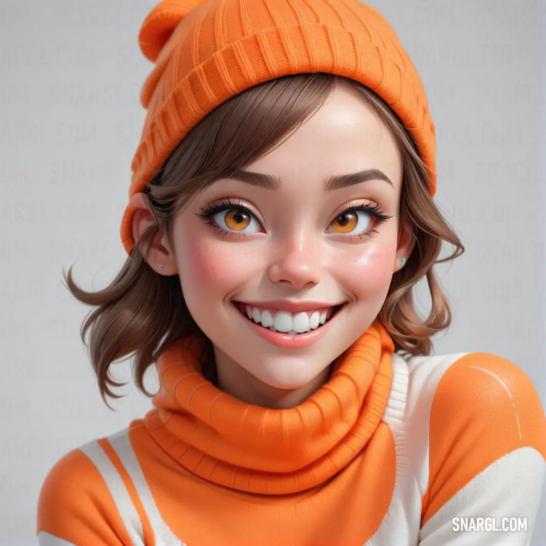 Coral color example: Woman with a hat and scarf on smiling at the camera with a smile on her face