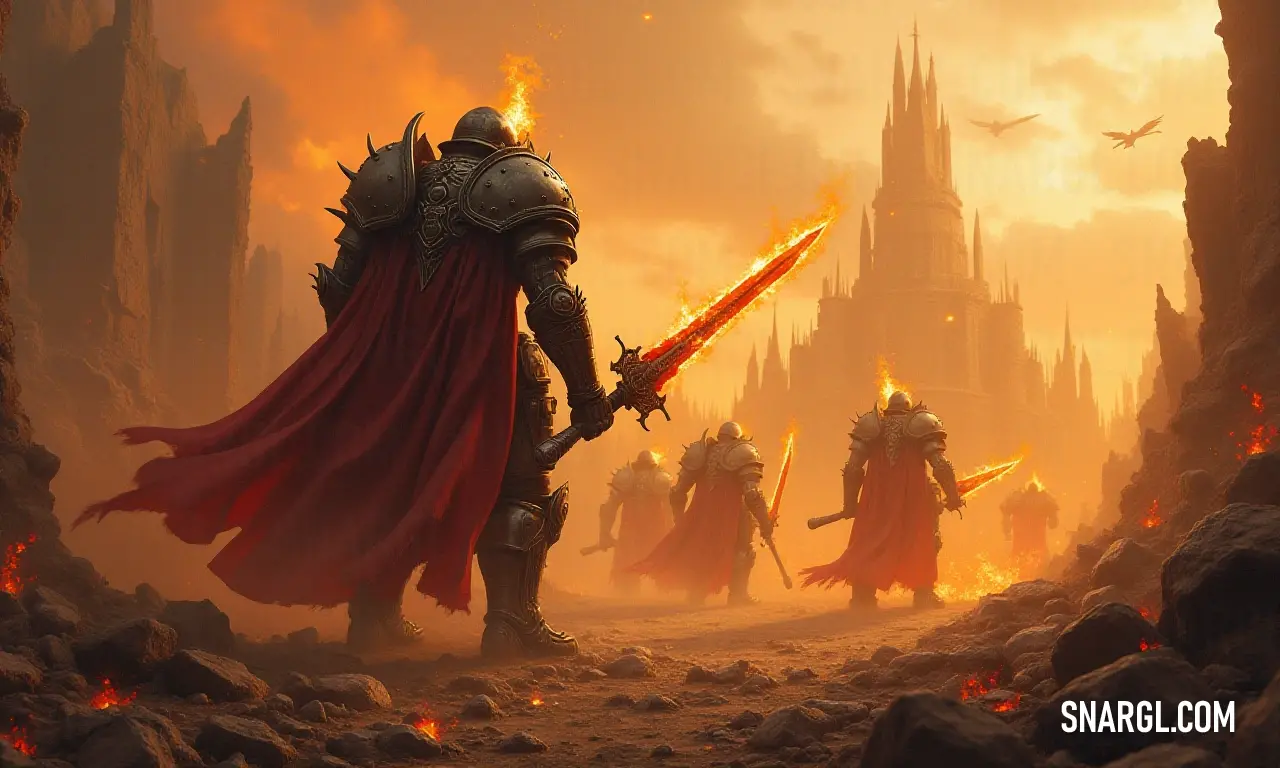 A valiant assembly of knights with fiery powers in a fantastical landscape featuring a grand castle. A dynamic group of knights clad in intricate armor, wielding flames in their hands, stands resolute in a vivid fantasy landscape with a majestic castle towering in the background.