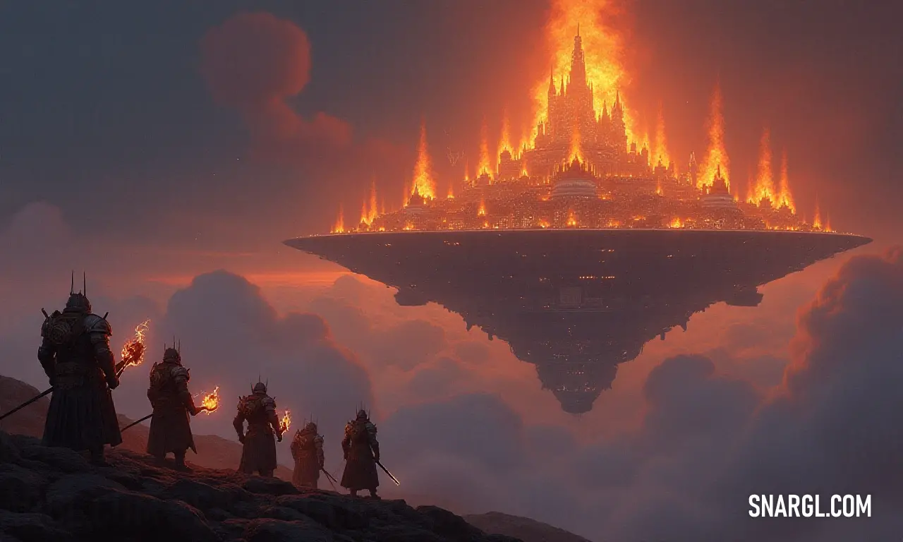 Explorers on a mountain peak gaze at a fiery structure in the sky. A diverse group stands triumphantly on a rocky mountain peak, witnessing a massive structure in the sky radiating flames, an unforgettable display of power and wonder.