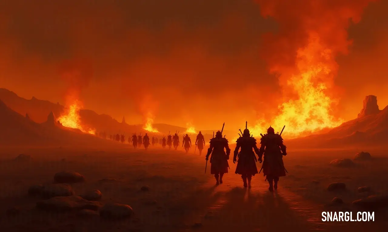 A band of adventurers walking through an arid desert landscape illuminated by mysterious flames. A diverse group of travelers strides through an arid desert landscape, with swirling flames illuminating the night sky, suggesting a journey filled with adventure and mystery.