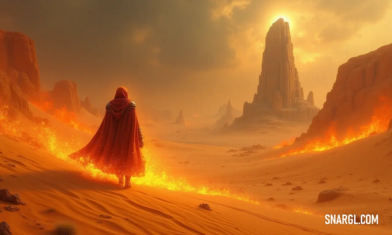 A figure in a red cape stands dramatically in a desert landscape. A lone figure in a striking red cape stands in a desolate desert, the huge rock formation in the background evoking a sense of solitude and the whispers of ancient tales.