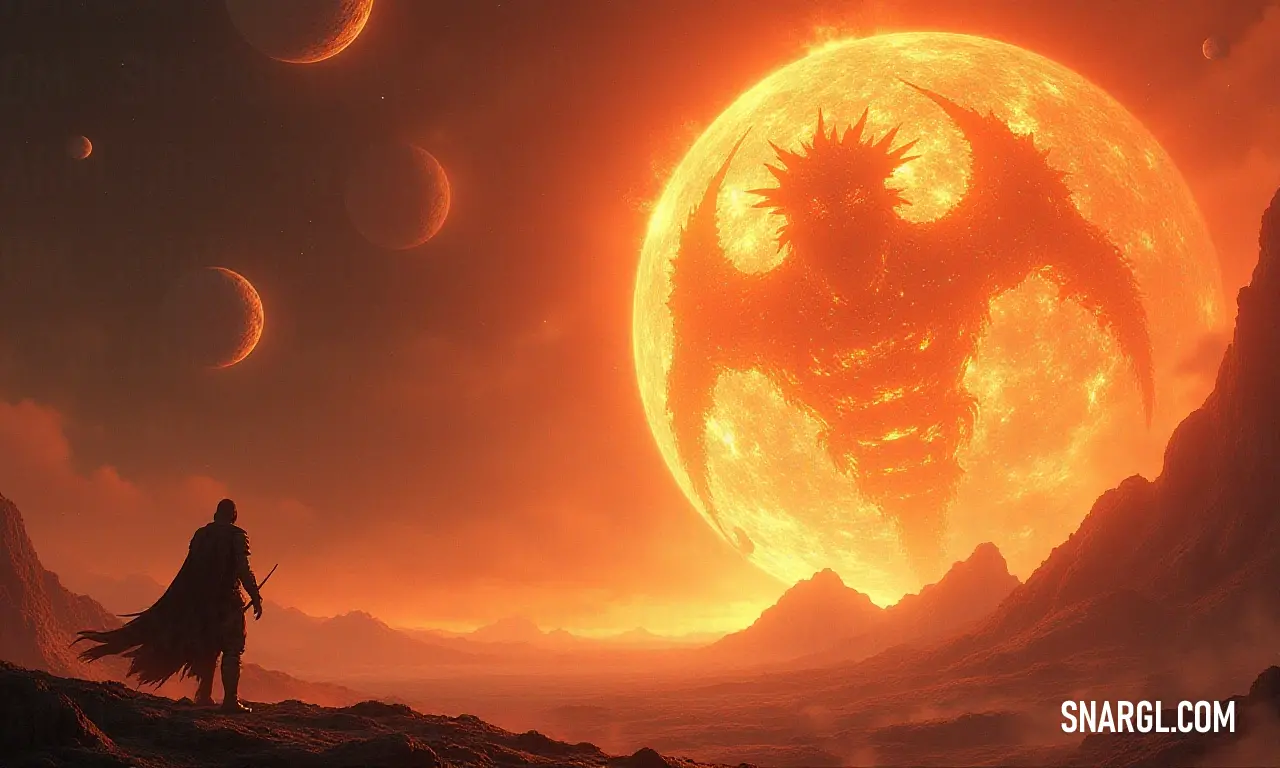 Corbin in awe of a giant sun and dragon under the immense glow of a massive moon. Corbin stands in awe before a colossal sun, accompanied by a majestic dragon soaring above, set against a backdrop of a stunningly huge moon, creating an atmosphere of magic and wonder.