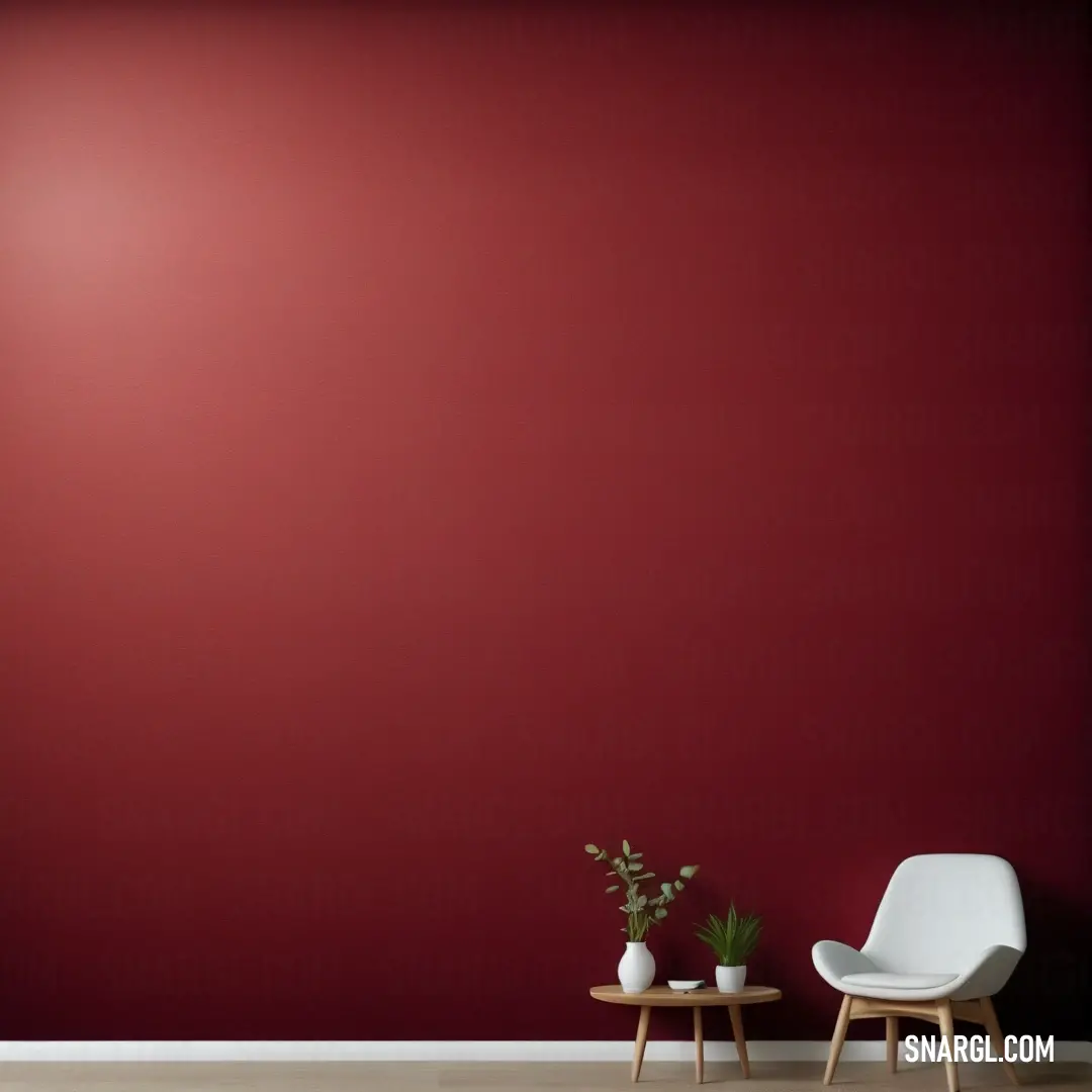 Chair and a table in a room with a red wall and a white chair. Example of RGB 137,63,69 color.