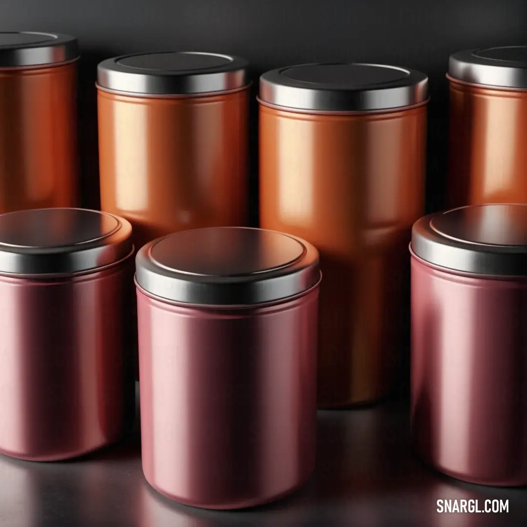 Cordovan color example: Group of red canisters on a table next to each other on a black surface